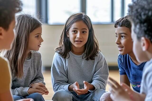 Behauptungskurs für Kinder Kinder sprechen in der Runde über Selbstbehauptung
