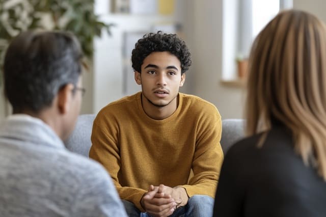 Teenager im Gespräch mit Eltern bei Erziehungsberatung