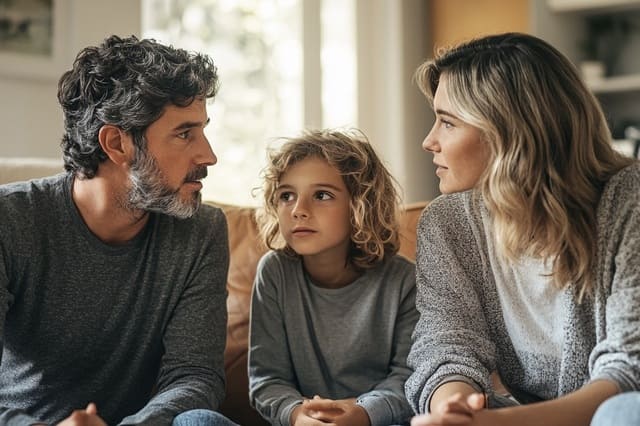 Familie im ernsten Gespräch auf dem Sofa