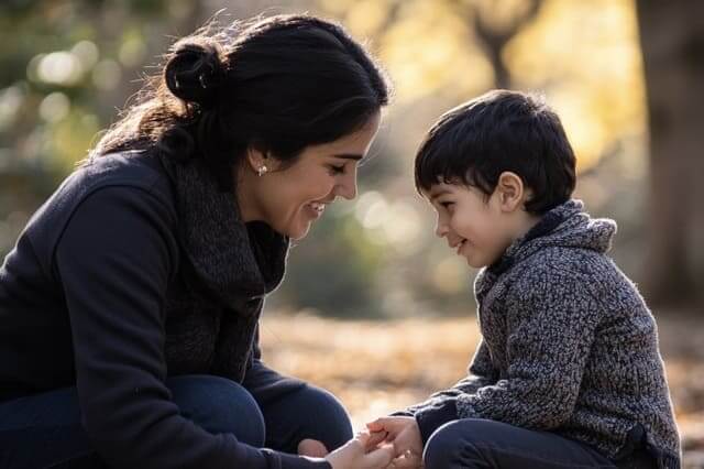 Selbstbehauptung mit Eltern lernen Mutter und Kind reden über Selbstbehauptung