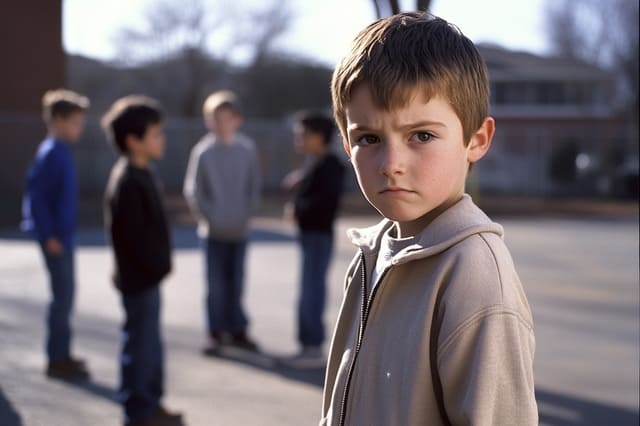 Selbstbehauptung bei Mobbing lernen Kind steht ausgegrenzt auf dem Schulhof